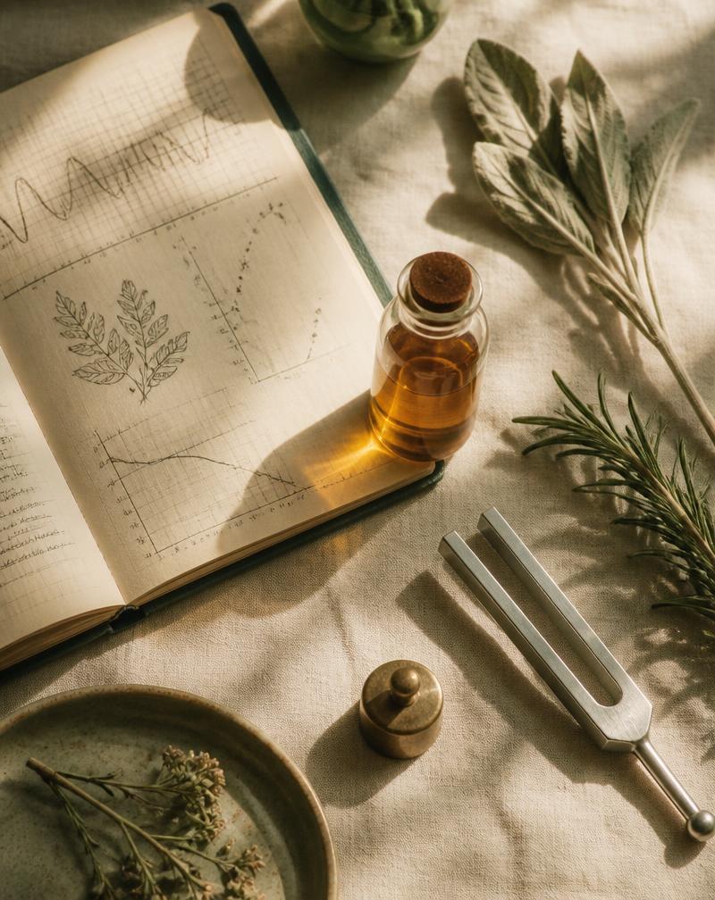 Open research notebook with an amber tincture vial, sage and rosemary on linen